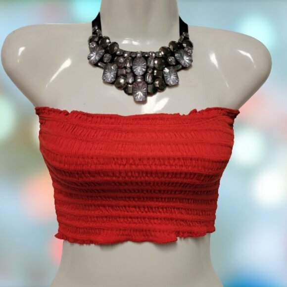 RED Sexy Crop Top Strapless Tube Top Smocked Stretchy Summer Bandeau - NEW - Picture 7 of 11
